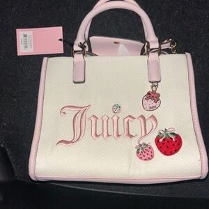 Juicy Couture Cream Canvas Satchel with Pink Trim & Strawberry Embroidery